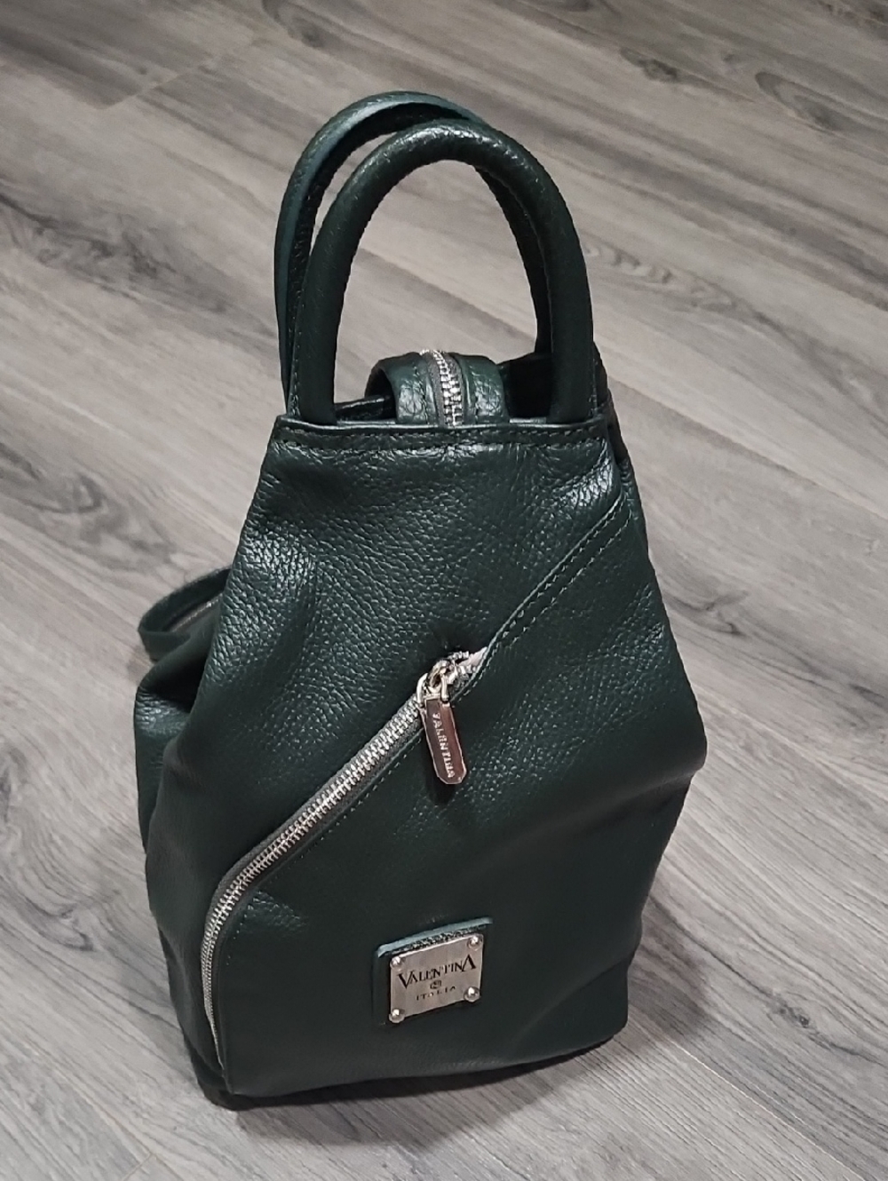 Valentina Dark Green Leather Sling Backpack with Silver Trim